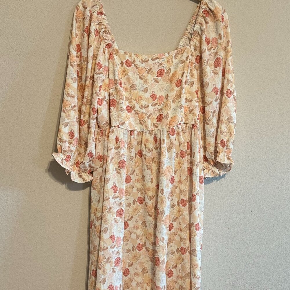 Floral Puff Sleeve Babydoll Square Neck Mini Dress